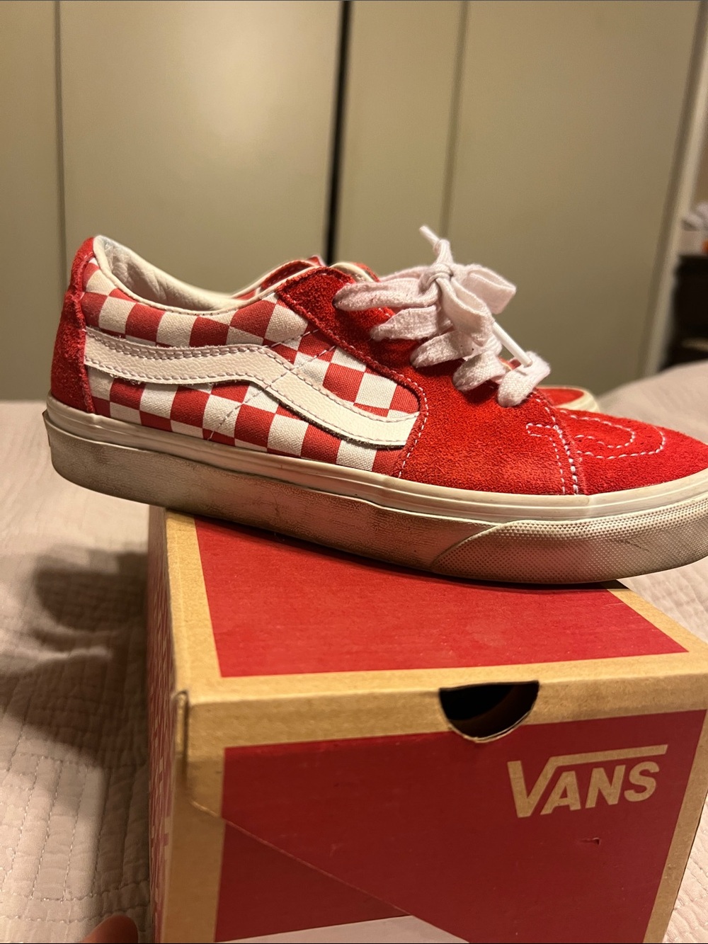 Vans Red and White Checkerboard Low-Top Sneakers men 5.5 or women 7